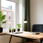 **A bright, modern office space in Amsterdam, Netherlands, featuring a desk positioned near a large window with sheer curtains. Sunlight streams in, illuminating the light-colored walls and a green plant on the desk. The room uses biophilic design principles with wood accents and a calming atmosphere.**