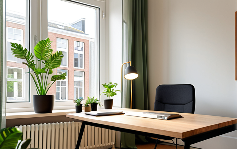 **A bright, modern office space in Amsterdam, Netherlands, featuring a desk positioned near a large window with sheer curtains. Sunlight streams in, illuminating the light-colored walls and a green plant on the desk. The room uses biophilic design principles with wood accents and a calming atmosphere.**